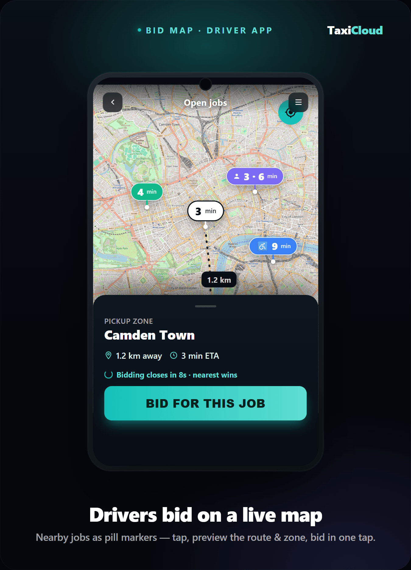 TaxiCloud driver app Bid Map: nearby taxi jobs shown as pill markers with ETA and passenger count on a live London map, a selected job previewing its route and pickup zone with a one-tap Bid button.