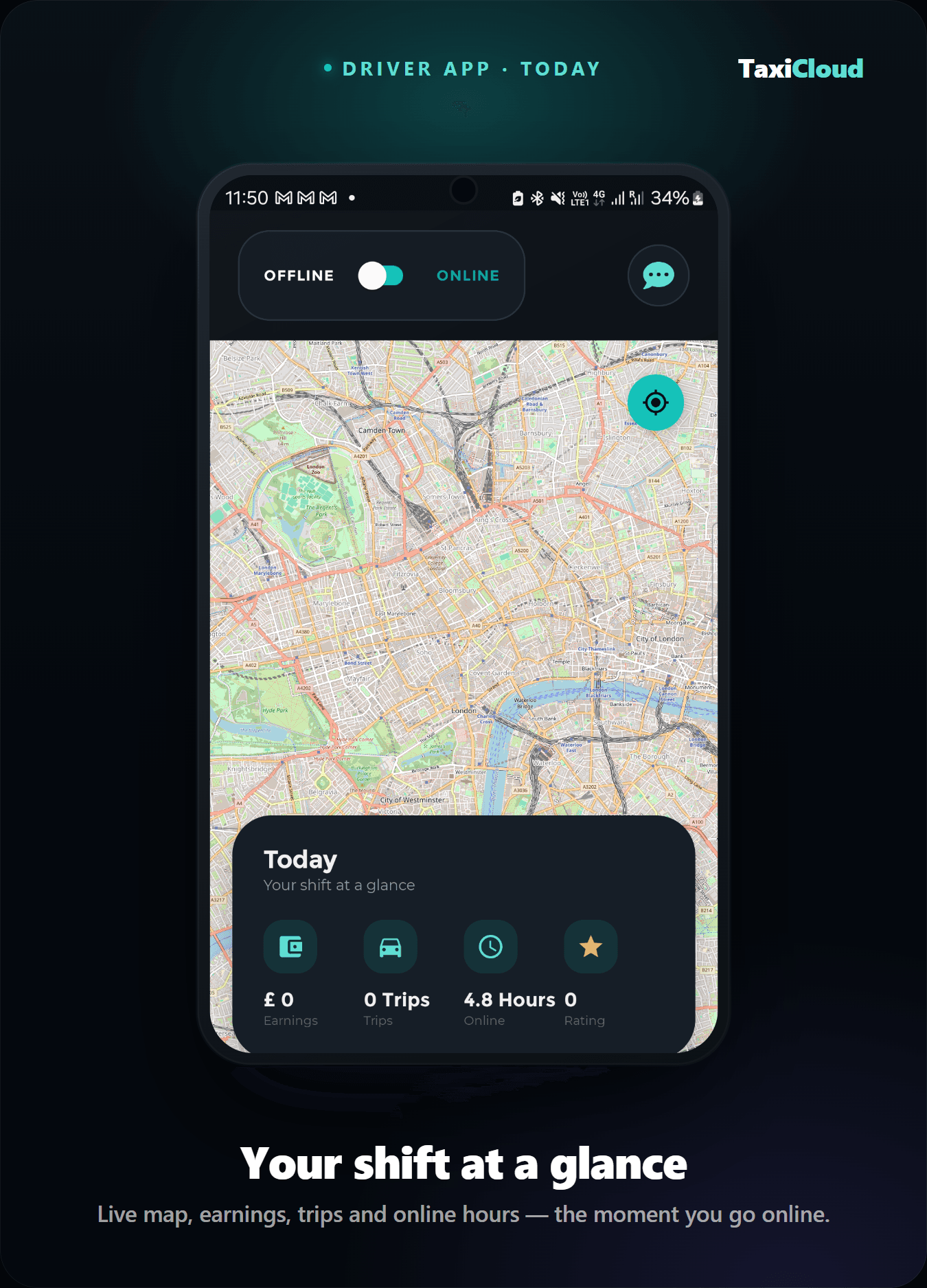 TaxiCloud driver app dashboard showing the driver's live location on a map with online status and the day's job activity.