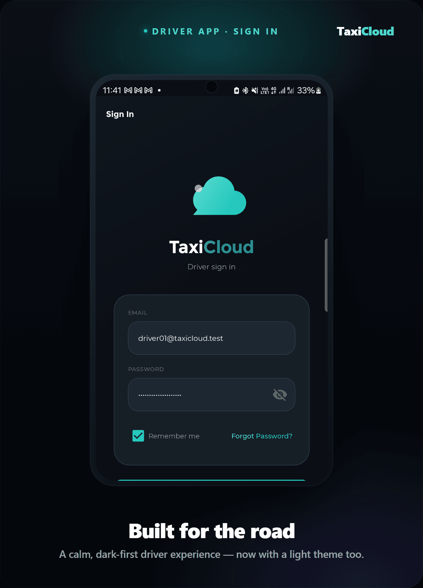 TaxiCloud driver app sign-in screen with the TaxiCloud wordmark, email and password fields, and a Sign in button.