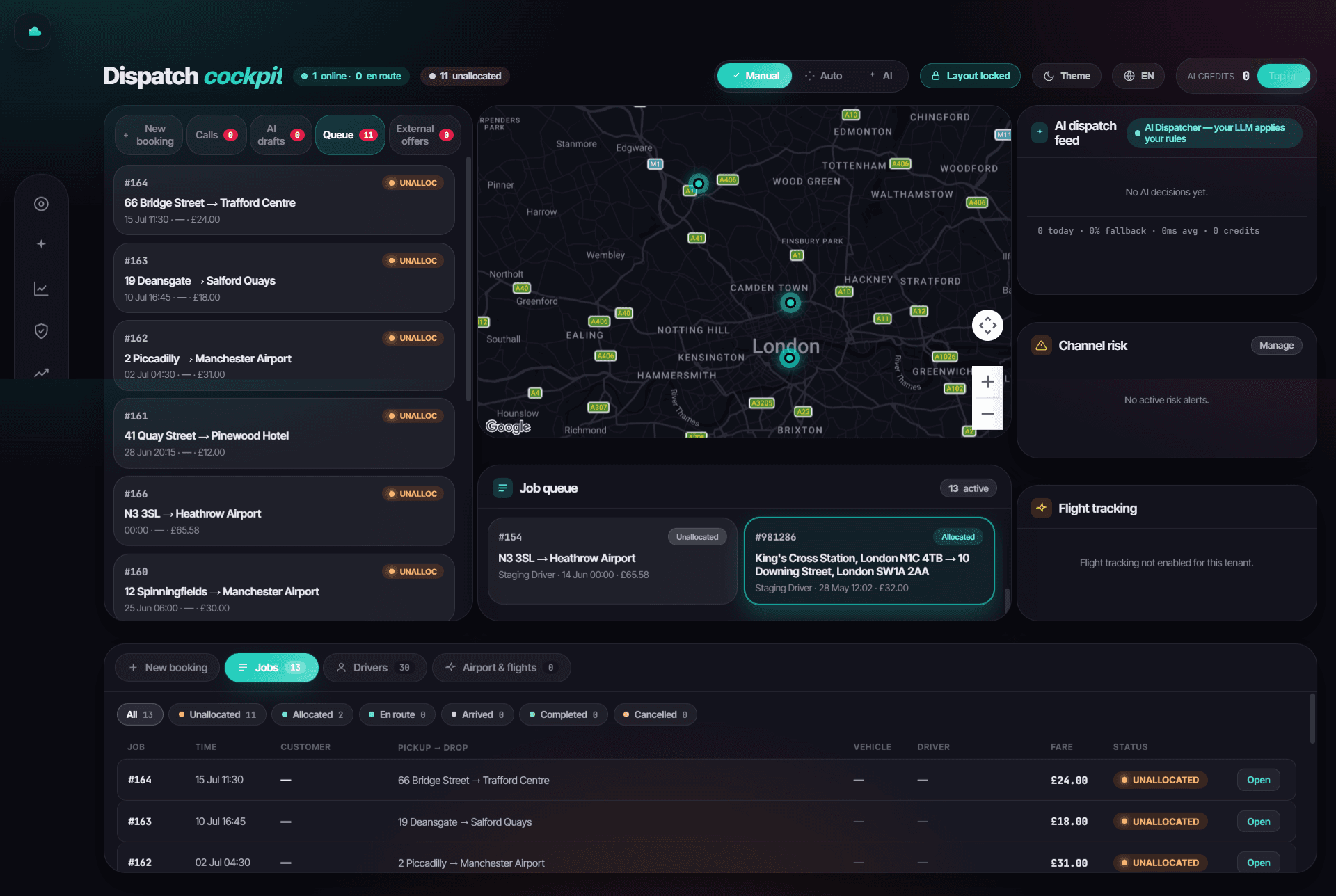 TaxiCloud taxi dispatch software — live dispatch board with driver map, job queue and AI auto-assign