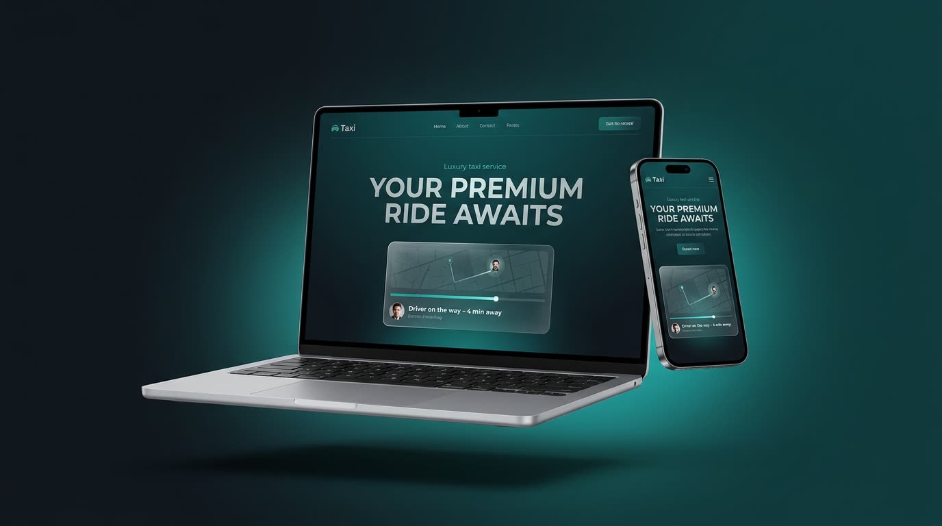 CabFlow Lite free taxi WordPress theme shown on a laptop and phone — a dark teal taxi-company homepage with a live ride-status card