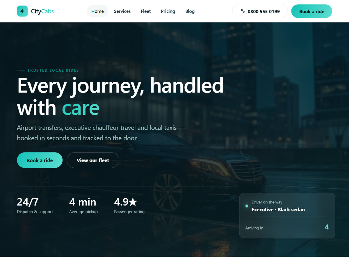 CabFlow Lite free taxi WordPress theme homepage — hero headline, booking call-to-action and live ride-status card